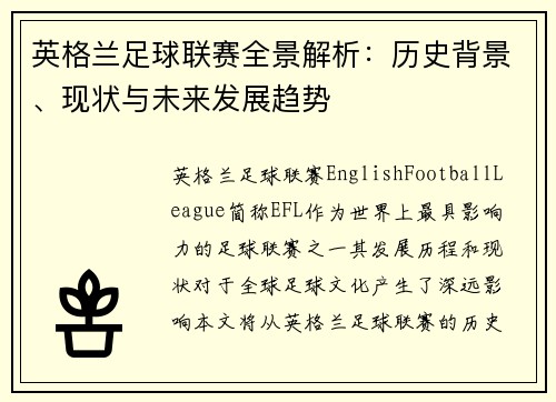英格兰足球联赛全景解析：历史背景、现状与未来发展趋势