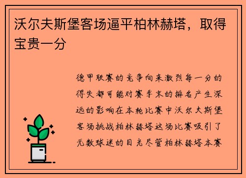 沃尔夫斯堡客场逼平柏林赫塔，取得宝贵一分