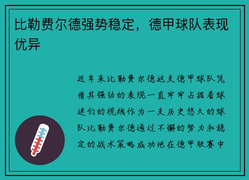 比勒费尔德强势稳定，德甲球队表现优异