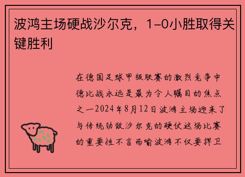 波鸿主场硬战沙尔克，1-0小胜取得关键胜利